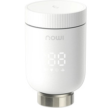 Weißes smartes Heizkörperthermostat von IMOU mit digitaler Anzeige und silbernem Anschlussring.