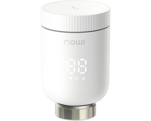 Weißes smartes Heizkörperthermostat von IMOU mit digitaler Anzeige und silbernem Anschlussring.
