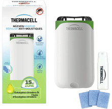 Thermacell Mückenabwehr-Set bestehend aus weiß-grünem kabellosem Gerät, Nachfüllflasche und drei blauen Wirkstoffplättchen für 15 Quadratmeter Schutz.