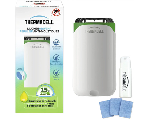 Thermacell Mückenabwehr-Set bestehend aus weiß-grünem kabellosem Gerät, Nachfüllflasche und drei blauen Wirkstoffplättchen für 15 Quadratmeter Schutz.