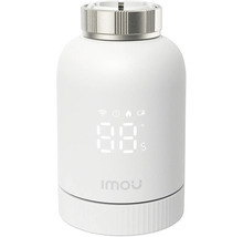 Imou smartes Heizkörperthermostat mit digitaler Anzeige für Temperatur, WLAN und Batteriestand sowie silbernem Anschlussring.