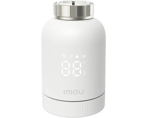 Imou smartes Heizkörperthermostat mit digitaler Anzeige für Temperatur, WLAN und Batteriestand sowie silbernem Anschlussring.