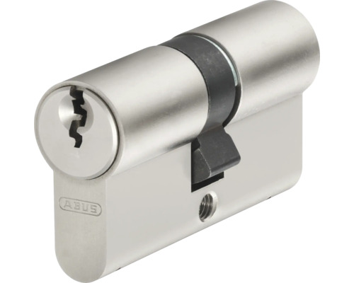 Silberfarbener ABUS Profil-Doppelzylinder aus Metall mit ABUS Logo.