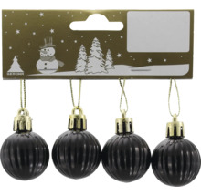 Vier geriffelte Weihnachtskugeln in Schwarz mit goldfarbenen Aufhängern und Geroma Logo auf der Verpackung.