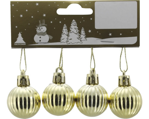 Vier goldene Weihnachtskugeln mit geriffelter Oberfläche.