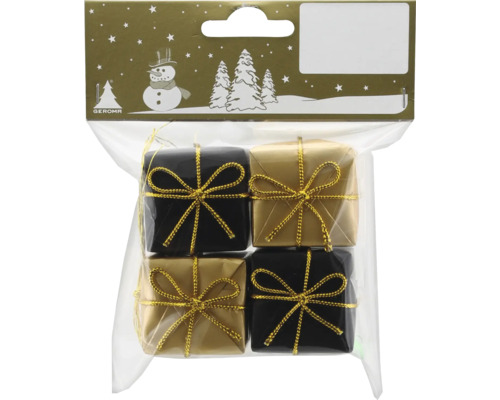 Geroma Weihnachtsbaumschmuck, vier kleine Geschenkpäckchen als Anhänger, zwei schwarze und zwei goldene mit goldener Schleife.