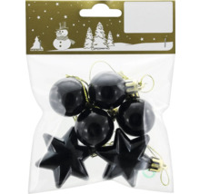Christbaumschmuck Set aus schwarzen Kunststoffkugeln und Sternen in einer Klarsichtverpackung mit Geroma Logo.