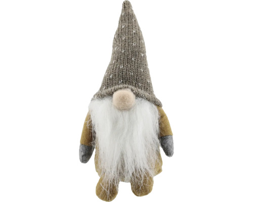 Weihnachtswichtel aus Stoff mit gestrickter Zipfelmütze und langem weißen Bart.
