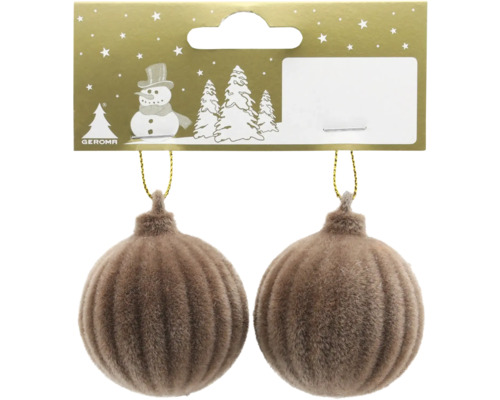 Zwei gerippte, braune Weihnachtsbaumkugeln mit samtiger Oberfläche und goldfarbenen Aufhängern in einer Verpackung mit Geroma Logo.