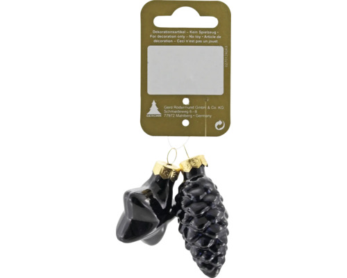 Zwei schwarze Weihnachtsanhänger aus Glas in Sternform und Zapfenform mit goldenen Kappen und Kartonverpackung.