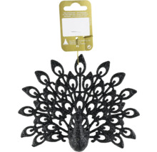 Weihnachtsanhänger in Pfauenform mit schwarzem Glitzer, filigranes Ornament inklusive Aufhängung und Verkaufsetikett.