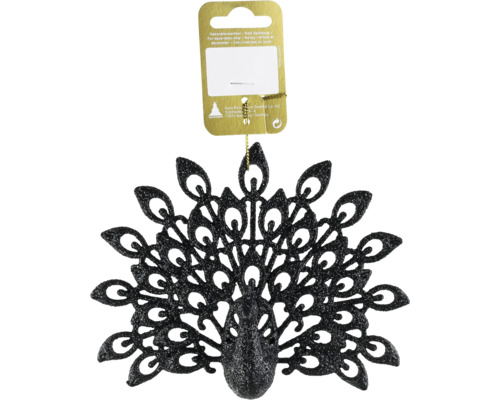 Weihnachtsanhänger in Pfauenform mit schwarzem Glitzer, filigranes Ornament inklusive Aufhängung und Verkaufsetikett.