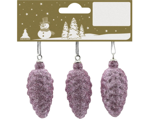 Drei Weihnachtsbaumanhänger in Zapfenform mit violettem Glitzer.