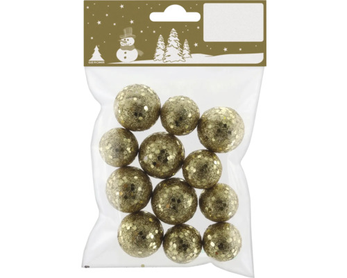 Set mit 12 glitzernden Weihnachtskugeln im Kunststoffbeutel.