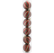 Sechs Weihnachtsbaumkugeln mit rot, grün und gold glitzernden Streifen in einer transparenten Zylinderverpackung.