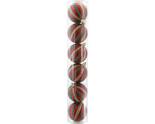 Sechs Weihnachtsbaumkugeln mit rot, grün und gold glitzernden Streifen in einer transparenten Zylinderverpackung.