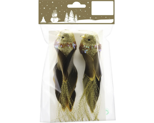 Dekorative Weihnachtsvögel mit goldfarbenem Glitzer, Pailletten und Federn, zwei Stück in Verpackung mit Geroma Logo.
