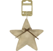 Beiger sternförmiger Anhänger aus Stoff mit brauner Schleife und Ziernaht für die Weihnachtsdekoration.