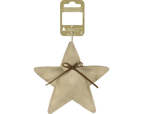 Beiger sternförmiger Anhänger aus Stoff mit brauner Schleife und Ziernaht für die Weihnachtsdekoration.