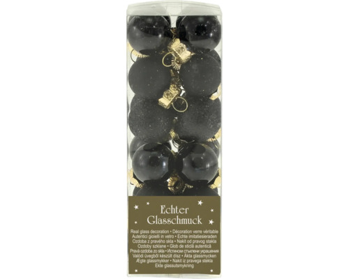 Schwarze Christbaumkugeln aus Glas mit glänzender, matter und strukturierter Oberfläche in einer transparenten Verpackung.