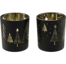 Zwei Windlichter aus Glas in Schwarz und Gold mit Tannenbaum und Stern Motiven.