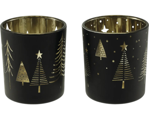 Zwei Windlichter aus Glas in Schwarz und Gold mit Tannenbaum und Stern Motiven.