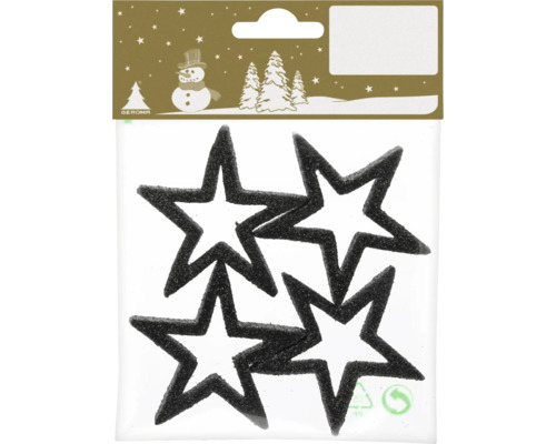 Vier schwarze Deko-Sterne mit Glitzereffekt, Geroma Logo.