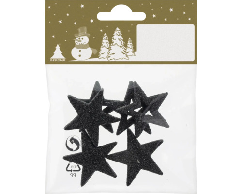 Schwarze Glitzersterne als Weihnachtsdekoration in einer Verpackung mit Geroma Logo.