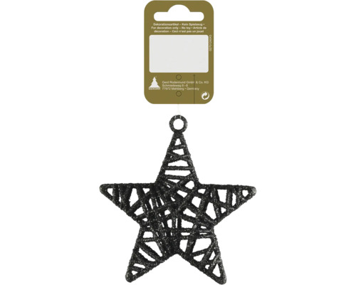 Schwarzer glitzernder Dekostern in Gitteroptik mit Aufhängeöse für die Weihnachtsdekoration.