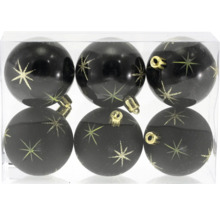 Sechs schwarze Weihnachtskugeln mit goldfarbenen Sternmotiven in einer Klarsichtbox, teils glänzend, teils matt.