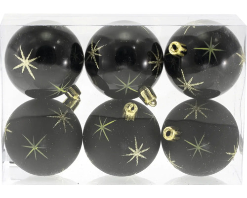 Sechs schwarze Weihnachtskugeln mit goldfarbenen Sternmotiven in einer Klarsichtbox, teils glänzend, teils matt.