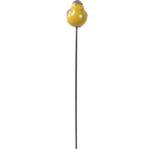 Gartenstecker mit einem gelben Vogel aus glasierter Keramik auf einem dunklen Metallstab.
