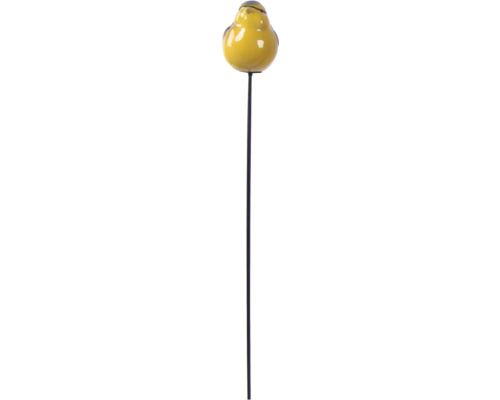 Gartenstecker mit einem gelben Vogel aus glasierter Keramik auf einem dunklen Metallstab.