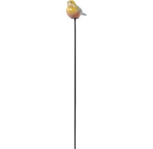 Gartenstecker mit bunter Vogelfigur aus Keramik auf einem schwarzen Metallstab.