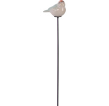 Gartenstecker mit einem glasierten Keramikvogel auf einem schwarzen Metallstab.