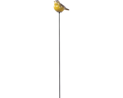 Gartenstecker mit gelber Vogelfigur aus Keramik auf einem schwarzen Metallstab.