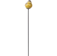 Gartenstecker mit gelber Vogelfigur aus glänzender Keramik auf einem Metallstab.