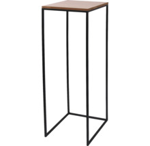 Moderner Blumenständer mit schwarzem Metallgestell und Holzplatte.