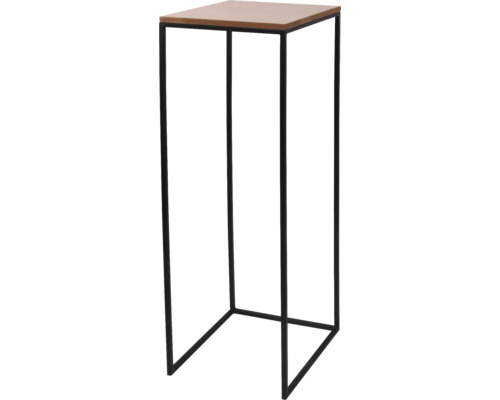 Moderner Blumenständer mit schwarzem Metallgestell und Holzplatte.