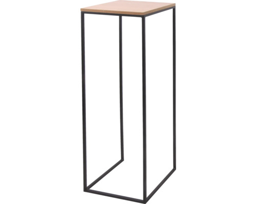 Moderner Blumenhocker mit schwarzem Metallgestell und quadratischer Abstellfläche in Holzoptik.