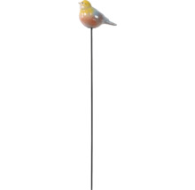 Gartenstecker mit buntem Vogel aus Keramik auf einem schwarzen Metallstab