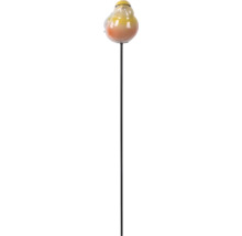 Gartenstecker mit stilisierter, glasierter Vogelfigur auf einem schwarzen Metallstab.