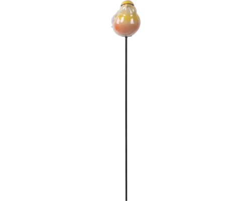 Gartenstecker mit stilisierter, glasierter Vogelfigur auf einem schwarzen Metallstab.