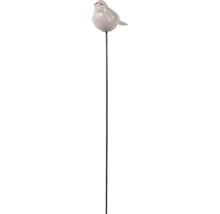 Gartenstecker mit einer Vogelfigur aus Keramik auf einem Metallstab.