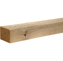Sägeraues Kantholz aus Holz mit sichtbarer Maserung und Astloch.