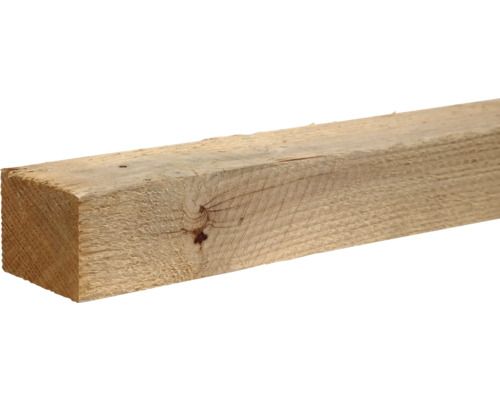 Sägeraues Kantholz aus Holz mit sichtbarer Maserung und Astloch.