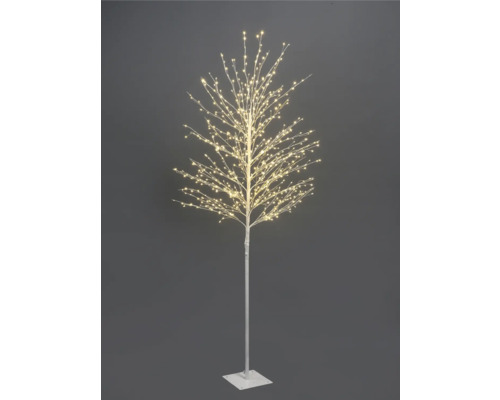 LED Lichterbaum mit zahlreichen warmweißen LED Lämpchen an verzweigten Ästen, weißer Stamm und flacher Standfuß.