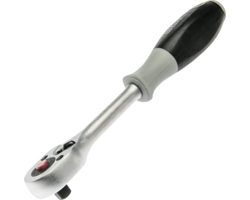 Silberfarbene WGB Umschaltknarre aus Metall mit ergonomischem schwarz-grauem Kunststoffgriff und rotem Druckknopf.