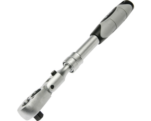 Teleskop-Umschaltknarre mit Gelenkkopf, ausziehbarer Metallschaft, schwarz-grauer ergonomischer Kunststoffgriff.