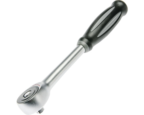 Umschaltknarre mit ergonomischem Kunststoffgriff und umschaltbarem Kopf aus Metall.